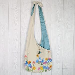 Handmade Hand Painted Floral Canvas Tote Bag Purse Light Beige w/ Teal Interior